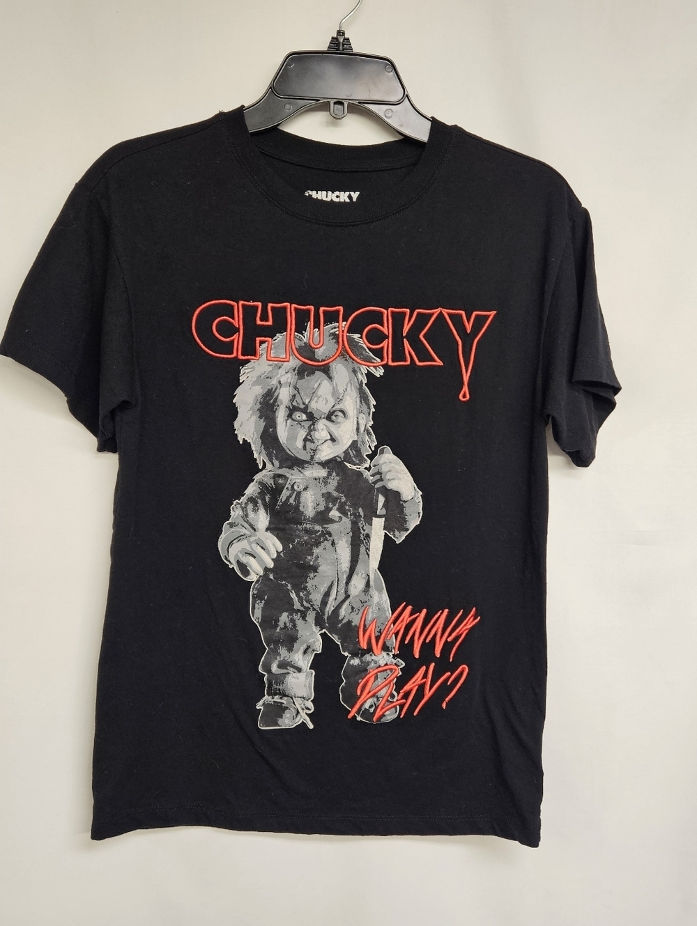 Childs Play Chucky black T-shirt WANNA PLAY Horror film movie Sz Small